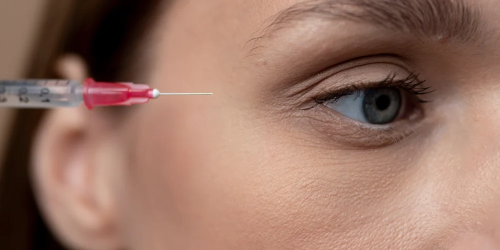 A close-up of a woman's face shows her eye and brow, with a syringe needle near her temple, suggesting a cosmetic injection at a klinika medycyny estetycznej.