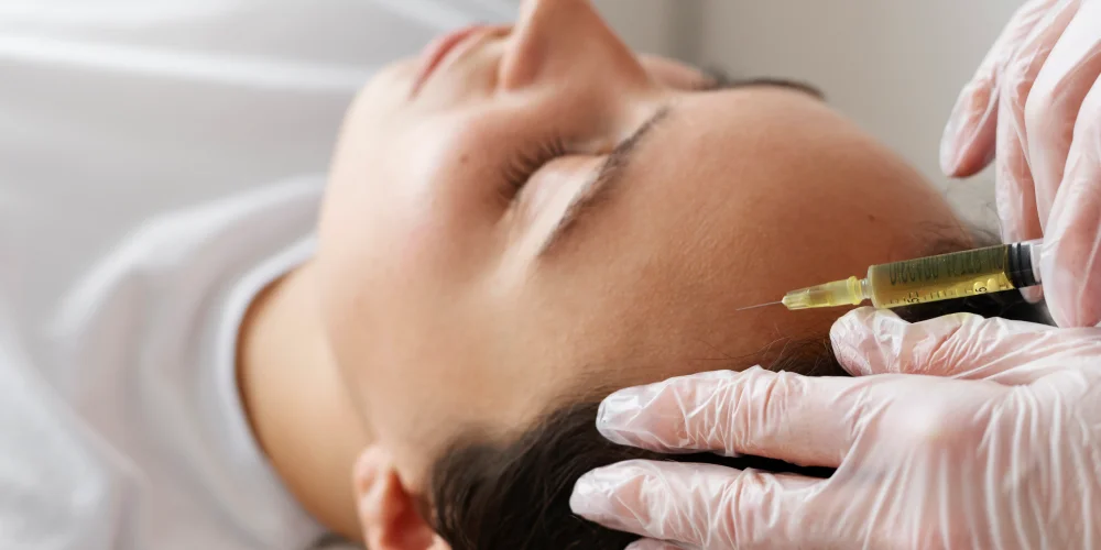 A person lies down with eyes closed while a gloved hand injects a syringe into their scalp near the forehead, possibly for a cosmetic treatment at a klinika medycyny estetycznej.