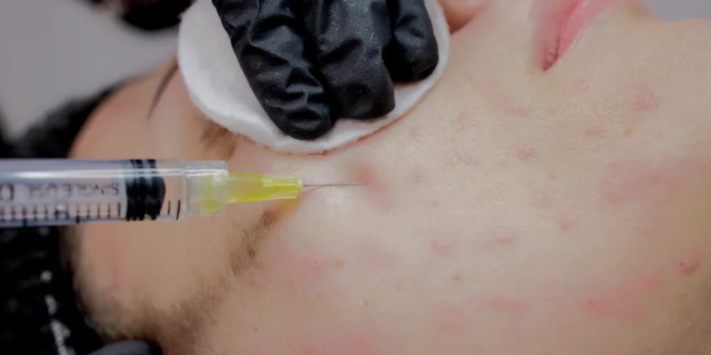 A close-up of a person’s cheek with acne being treated at klinika medycyny estetycznej; a gloved hand holds a cotton pad while a syringe with yellow liquid is about to be injected into the skin.