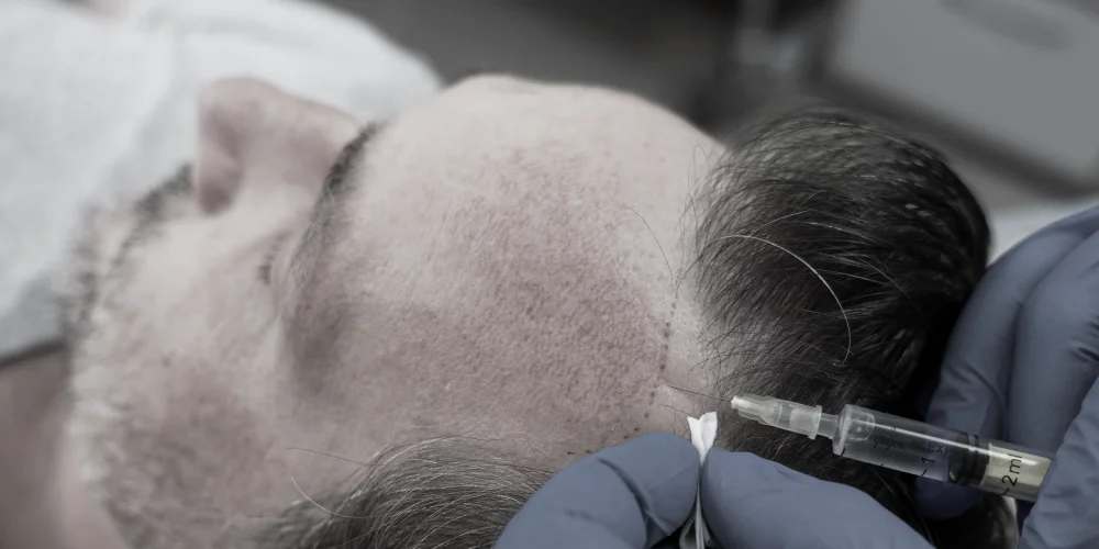 A person receives an injection in the scalp near the hairline, administered by gloved hands, at a klinika medycyny estetycznej—possibly as part of a hair restoration treatment in Wrocław.