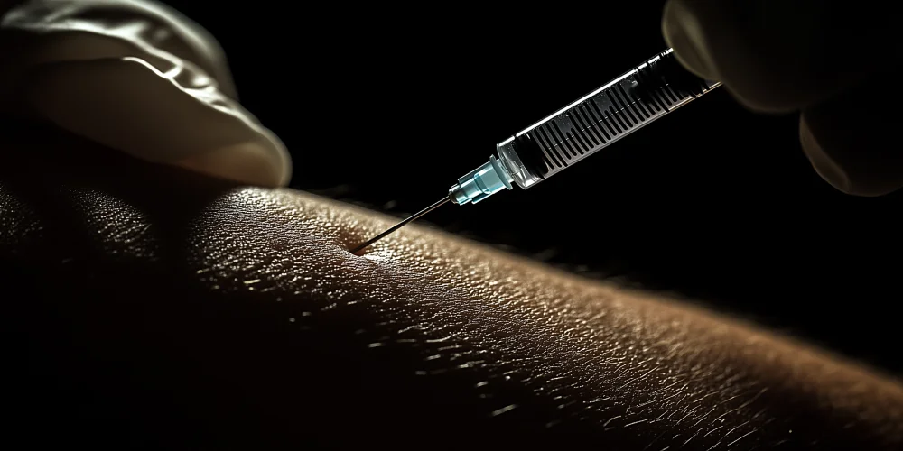 A close-up of a syringe needle being inserted into the skin of an arm, with a gloved hand holding the syringe against a dark background, illustrating a procedure at a klinika medycyny estetycznej.