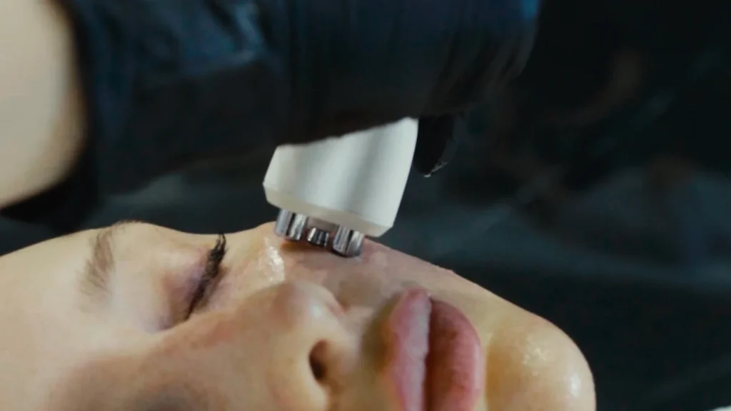 A close-up of a person's face with eyes closed, receiving a skin treatment at a klinika medycyny estetycznej, with a handheld device operated by a gloved hand.