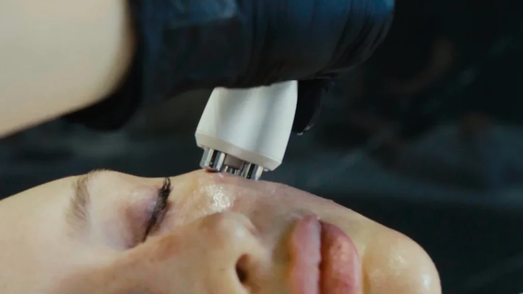 A close-up of a person with closed eyes receiving a facial treatment using a handheld device at a klinika medycyny estetycznej, while the professional performing the procedure wears black gloves.