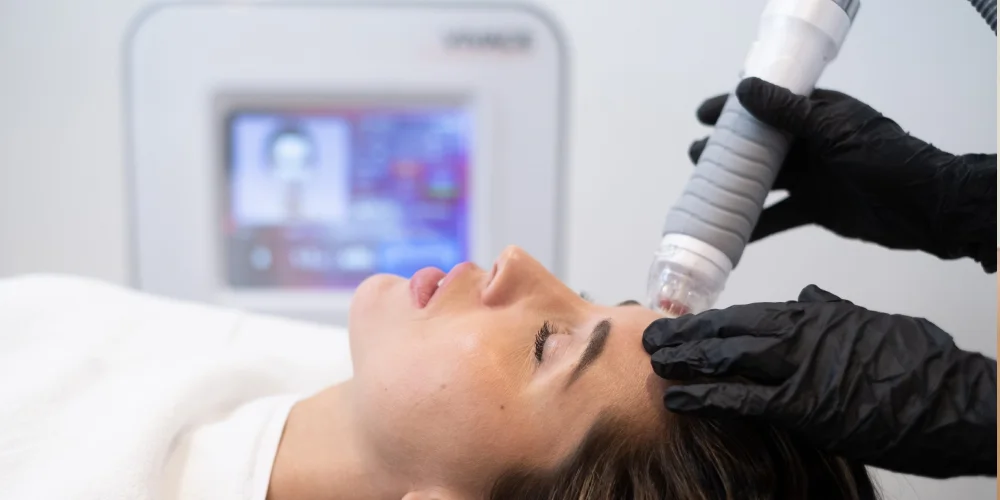 A person lies on a treatment bed while a practitioner in black gloves performs a skincare procedure on their forehead using a handheld device at a klinika medycyny estetycznej. A medical machine is visible in the background.
