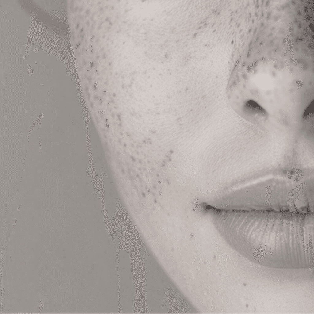 Close-up of the lower half of a person's face, showing smooth skin with prominent freckles on the cheeks and nose, soft lips, and a monochrome, gently lit background—perfectly embodying natural beauty after medycyna estetyczna Wrocław.
