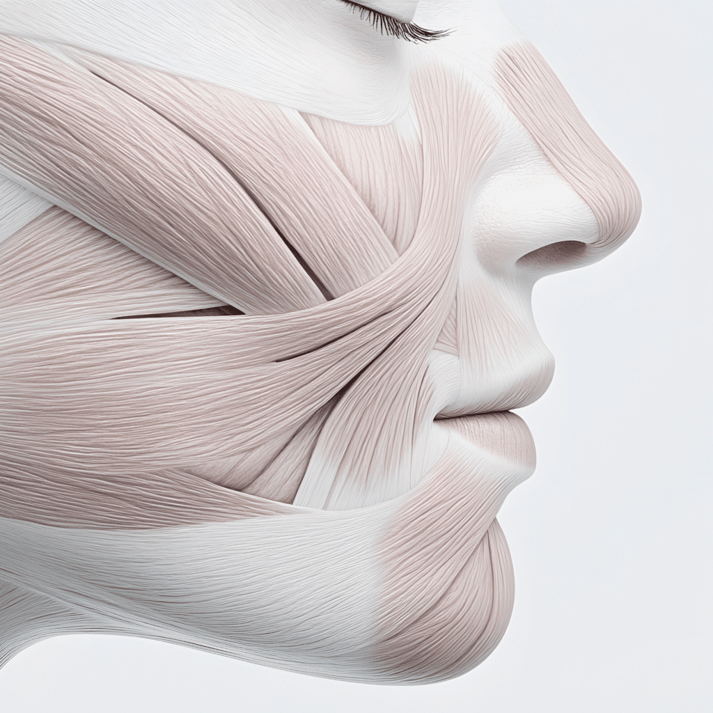A detailed illustration of facial muscles beneath the skin, focusing on the cheek, nose, lips, and closed eye—clean and anatomically precise. Ideal for klinika medycyny estetycznej or medycyna estetyczna wrocław educational use.