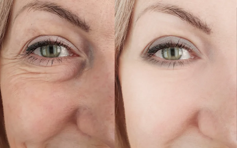 Close-up comparison of a woman's eye area: the left side shows wrinkles while the right is smooth and youthful, highlighting results that can be achieved at a klinika medycyny estetycznej.