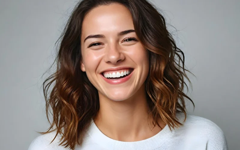 A woman smiling at the camera in a klinika medycyny estetycznej, showcasing the confidence that comes from expert care.