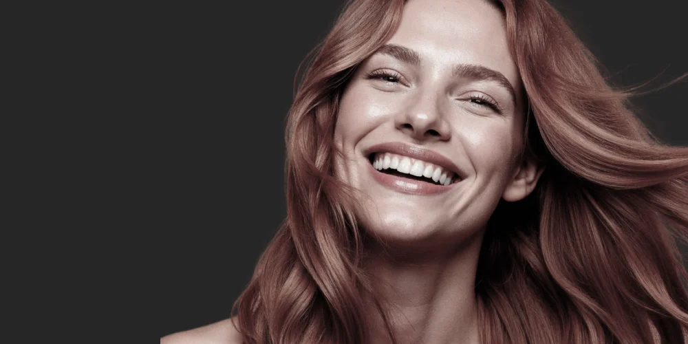 A young woman with long, wavy auburn hair smiles brightly against a plain dark background. She radiates happiness and confidence—an inspiring look often seen after visits to a klinika medycyny estetycznej.