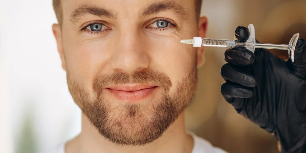 A bearded man with blue eyes smiles slightly as a gloved hand holds a syringe near the skin under his right eye, preparing for a cosmetic injection at a klinika medycyny estetycznej.