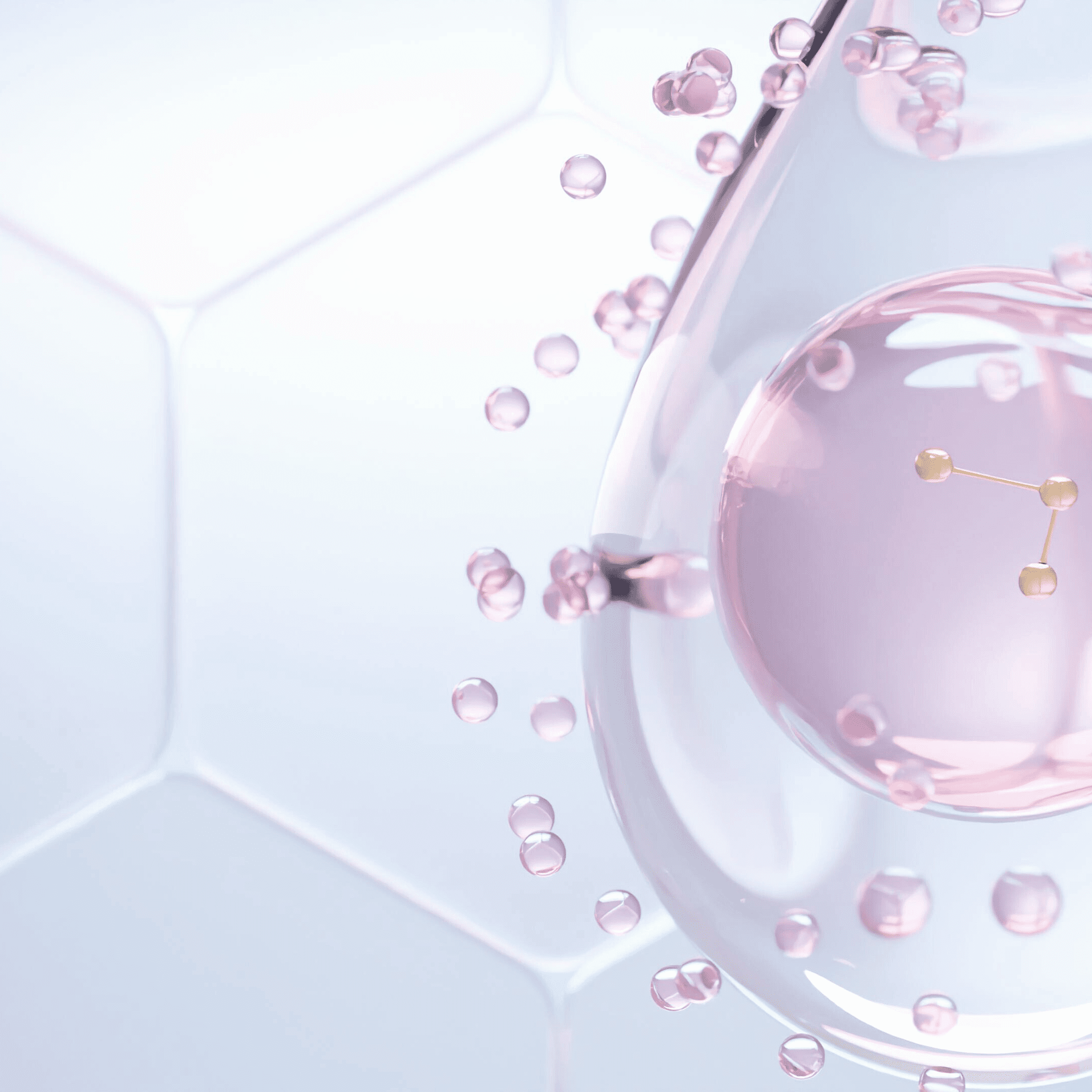 A glossy, translucent drop encloses a large pink sphere with gold connectors, surrounded by floating pink bubbles and a light hexagonal background—an aesthetic inspired by powiększanie ust Wrocław klinika medycyny estetycznej.