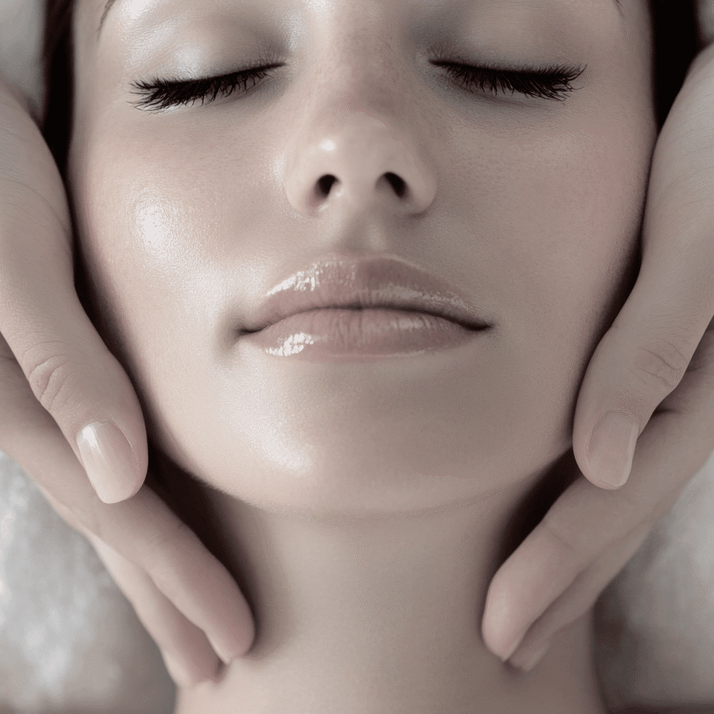 A close-up of a woman with smooth, glowing skin receiving a facial massage at a klinika medycyny estetycznej. Her eyes are closed, and hands gently cradle her face, creating a calm and relaxing atmosphere.