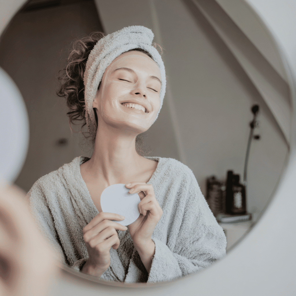 A woman in a bathrobe and hair towel smiles with her eyes closed in front of a bathroom mirror, holding a cotton pad. She has a white facial mask on, enjoying a moment of self-care inspired by medycyna estetyczna Wrocław.