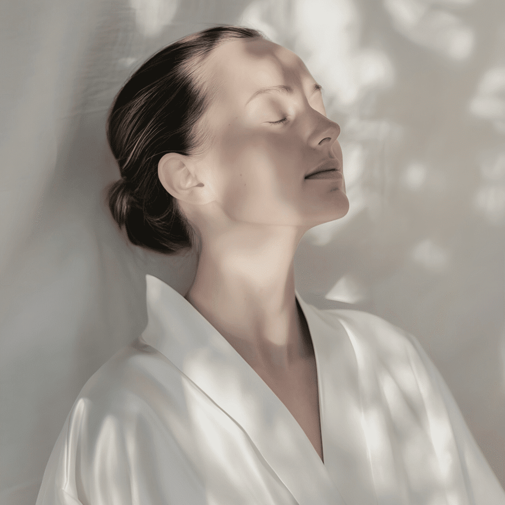 A woman with closed eyes and a peaceful expression stands against a light background, wearing a white robe. Soft, dappled sunlight and shadows fall across her face and shoulders, reflecting the tranquil ambiance of medycyna estetyczna Wrocław.