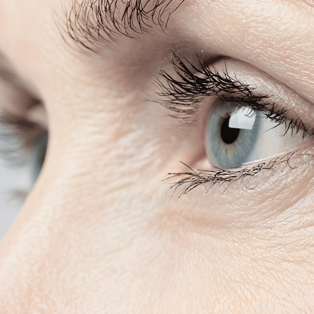A close-up image of a person's blue eye, highlighting detailed eyelashes, eyebrow hairs, and textured skin—capturing the beauty often enhanced at a klinika medycyny estetycznej through medycyna estetyczna Wrocław.